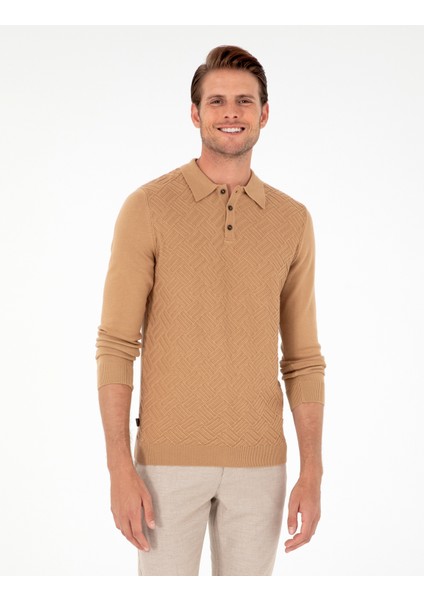 Erkek Koyu Camel Slim Fit Düğmeli Polo Yaka Triko Kazak 50300521-VR214