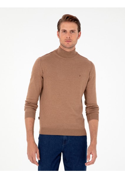 Erkek Camel Melanj Slim Fit Yarım Balıkçı Yaka Basic Triko Kazak 50296614-VR122
