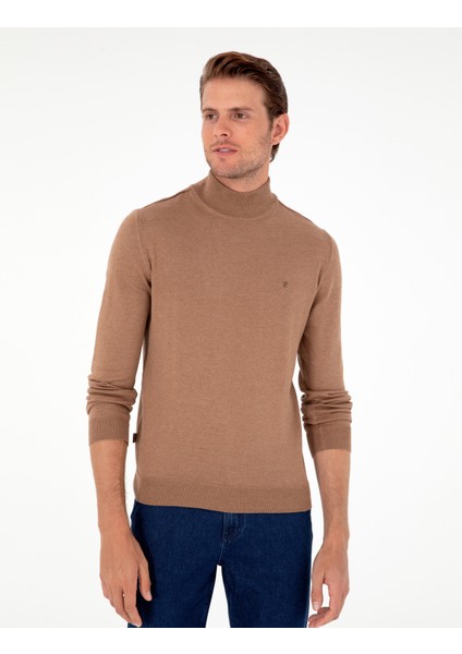 Erkek Camel Melanj Slim Fit Yarım Balıkçı Yaka Basic Triko Kazak 50296614-VR122 modelleri