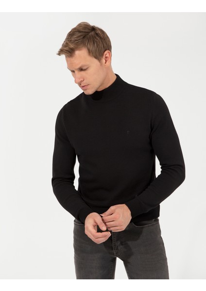 Erkek Siyah Slim Fit Yarım Balıkçı Yaka Basic Triko Kazak 50256965-VR046