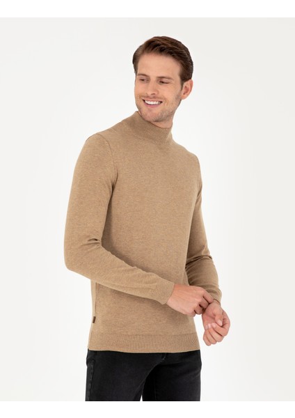 Erkek Camel Melanj Slim Fit Yarım Balıkçı Yaka Basic Triko Kazak 50296548-VR122