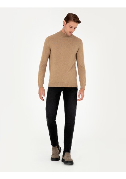 Erkek Camel Melanj Slim Fit Yarım Balıkçı Yaka Basic Triko Kazak 50296548-VR122 fırsatları