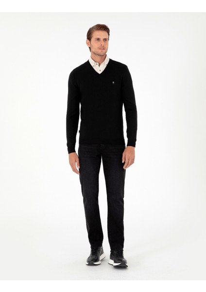 Pierre Cardin Erkek Siyah Slim Fit V Yaka Basic Triko Kazak 50296622-VR046