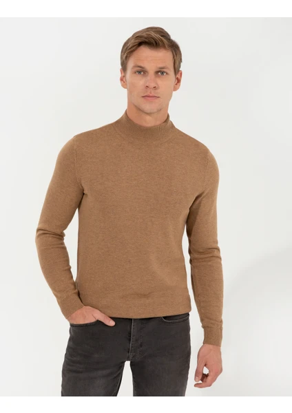 Pierre Cardin Erkek Camel Melanj Slim Fit Yarım Balıkçı Yaka Basic Triko Kazak 50256965-VR122