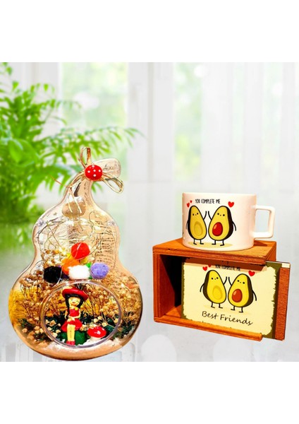 Best Friends Arkadaşa Hediye Işıklı Armut Teraryum & Avokado Özel Tasarım Kutulu Kupa Hediye