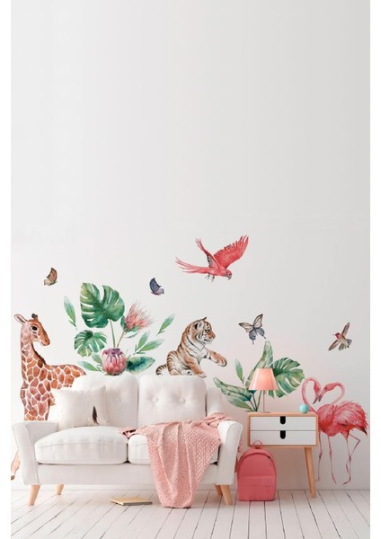 Renkli hayvan ve kelebek duvar sticker seti, eğlenceli çocuk odası dekorasyonu, 5+ parça