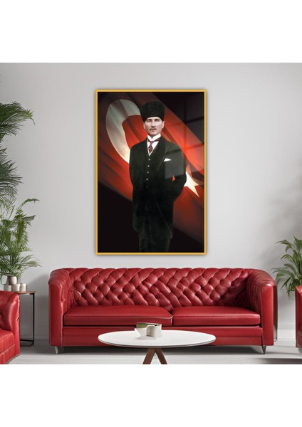 Metal Çerçeveli Temperli Cam Tablo Türk Bayrağı ve Atatürk