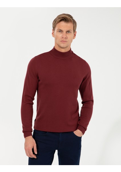 Erkek Bordo Slim Fit Yarım Balıkçı Yaka Basic Triko Kazak 50256965-VR014