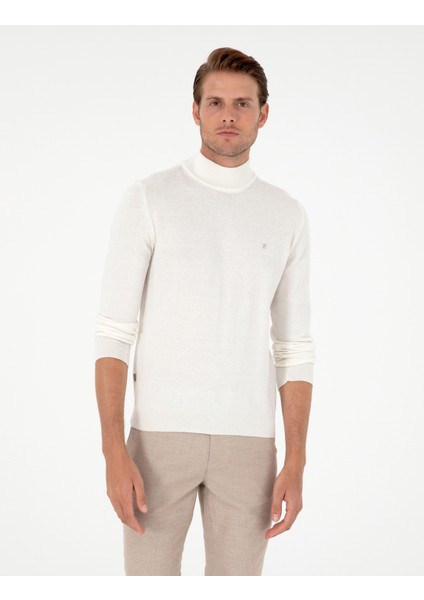 Erkek Ekru Slim Fit Yarım Balıkçı Yaka Basic Triko Kazak 50296614-VR019