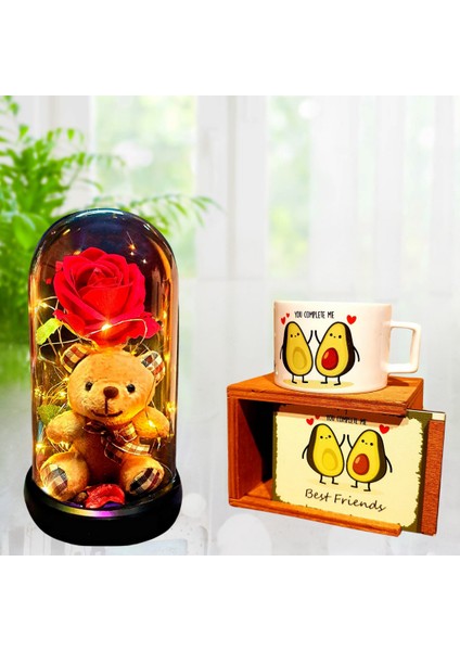 Ayıcıklı Kırmızı Gül Işıklı Teraryum Fanus & Avokado Özel Tasarım Kutulu Kupa Hediye