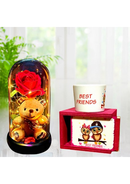 Ayıcıklı Kırmızı Gül Işıklı Teraryum Fanus & Best Friends Ahşap Renkli Kutulu Kupa Arkadaşa Hediye
