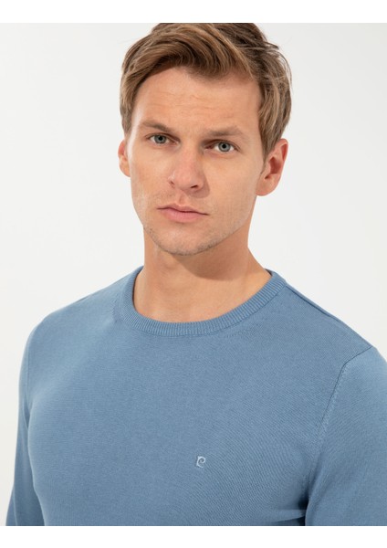 Erkek Mavi Slim Fit Bisiklet Yaka Basic Triko Kazak 50257290-VR036