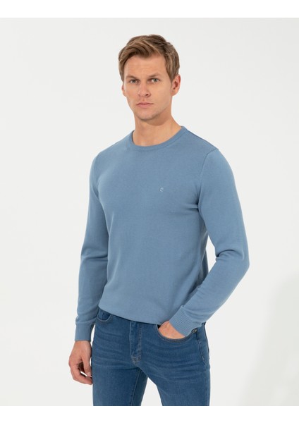 Erkek Mavi Slim Fit Bisiklet Yaka Basic Triko Kazak 50257290-VR036 modelleri