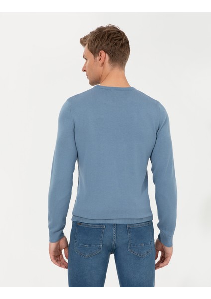 Erkek Mavi Slim Fit Bisiklet Yaka Basic Triko Kazak 50257290-VR036 indirimleri