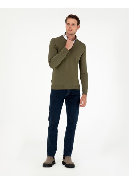 Erkek Koyu Haki Slim Fit V Yaka Basic Triko Kazak 50296583-VR111