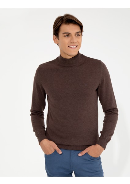 Erkek Açık Kahverengi Slim Fit Yarım Balıkçı Yaka Basic Triko Kazak 50256965-VR160
