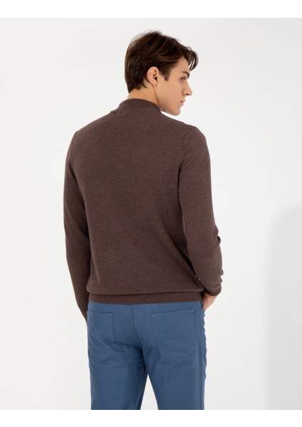 Erkek Açık Kahverengi Slim Fit Yarım Balıkçı Yaka Basic Triko Kazak 50256965-VR160