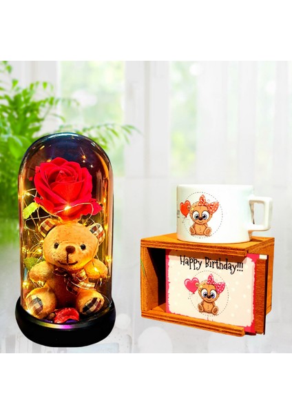 Ayıcıklı Kırmızı Gül Işıklı Teraryum Fanus & Happy Birthday Panda Tasarım Ahşap Kutulu Kupa