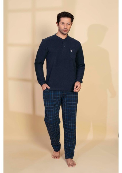 Erkek 3 Düğme Uzun Kol Göğüs Cepli Selanik Kumaş Kışlık Cepli Pijama Takımı