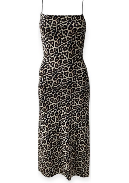 Likralı Leopar Desen Örme Kumaş Midaxi Elbise modelleri