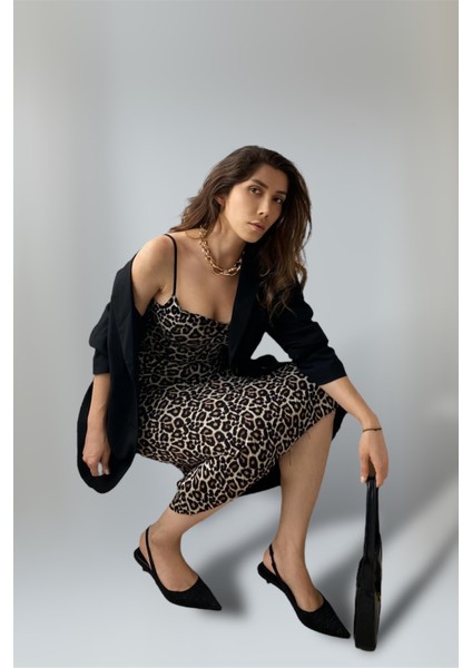 Likralı Leopar Desen Örme Kumaş Midaxi Elbise