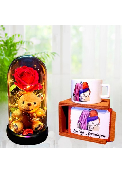 Ayıcıklı Kırmızı Gül Işıklı Teraryum Fanus & En Iyi Arkadaşım Tasarım Kutulu Kupa Arkadaşa Hediye