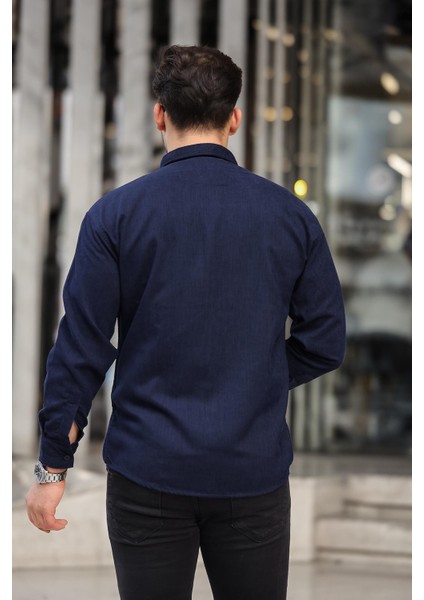 Cep Detaylı Fitilli Kadife Gömlek - Lacivert