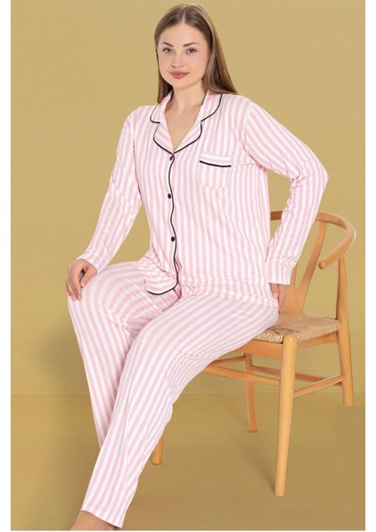 Kadın Büyük Beden Viskon Önden Düğmeli Gömlek Yaka Göğüs Cepli Uzun Kol Mevsimlik Pijama Takımı