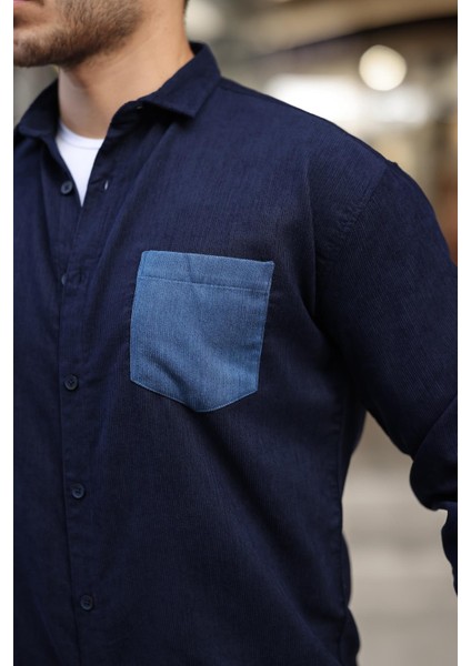 Cep Detaylı Fitilli Kadife Gömlek Lacivert fiyatları