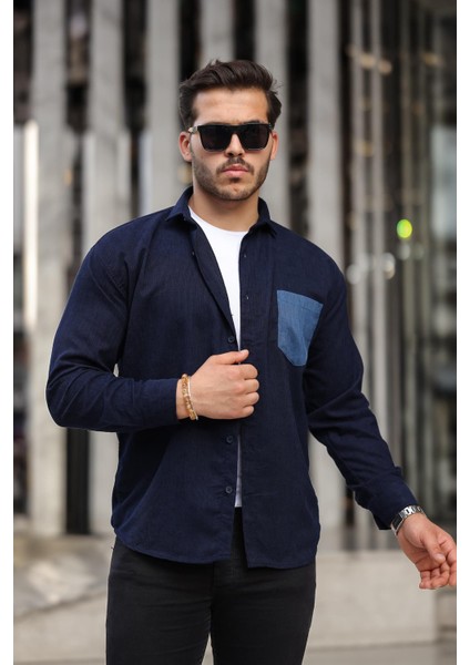 Cep Detaylı Fitilli Kadife Gömlek Lacivert modelleri