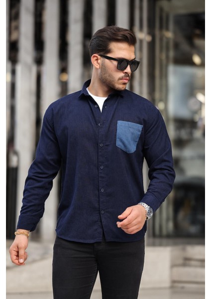 Cep Detaylı Fitilli Kadife Gömlek Lacivert indirimleri