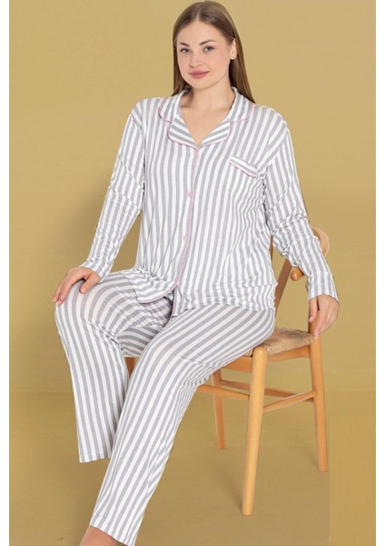 Kadın Büyük Beden Viskon Önden Düğmeli Gömlek Yaka Göğüs Cepli Uzun Kol Mevsimlik Pijama Takımı