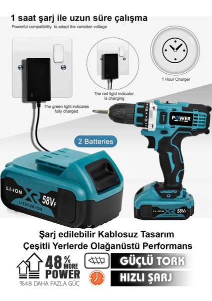 58 Vf 5 Ah Metal Şanzıman Çift Akülü Şarjlı Matkap 24 Parça Akülü Vidalama Set