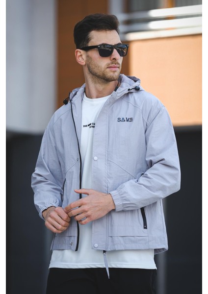 Save Baskılı Suya Dayanaklı Slim Fit Erkek Mevsimlik Mont Yağmurluk