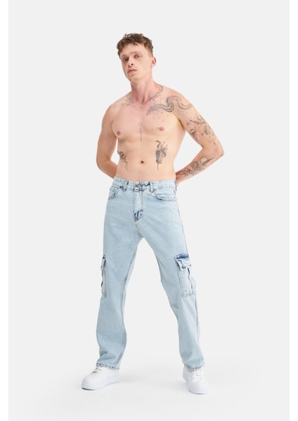 Erkek Kargo Cepli, Baggy Bol Kesim Denim Pantolon