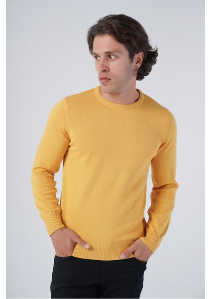 Erkek Sarı Pamuklu Bisiklet Yaka Triko Kazak TRIST-1101