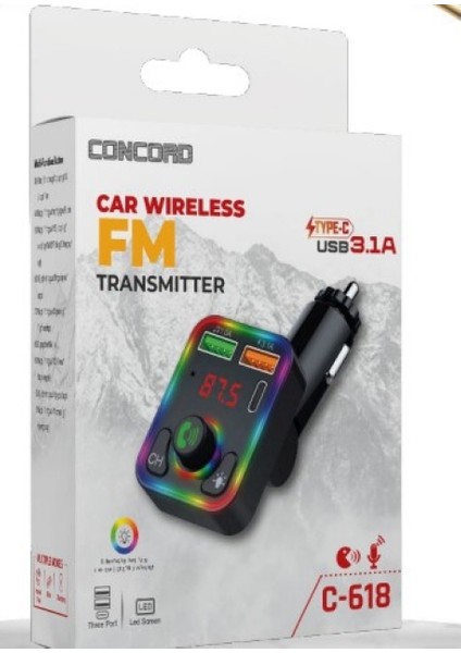 C-618 Bluetooth Görüşme Ve Müzik Dinleme Ekranlı Rgb Fm Transmitter Pd + 3.1A Çift Usb Şarj 456998