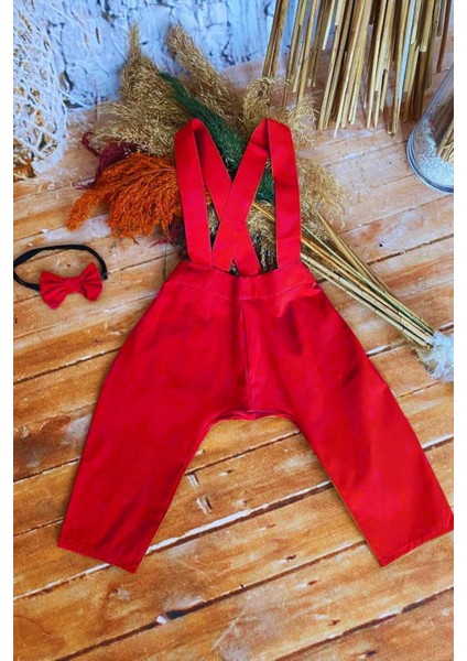 Erkek Çocuk Askılı Kırmızı Pantolon Papyon Takım