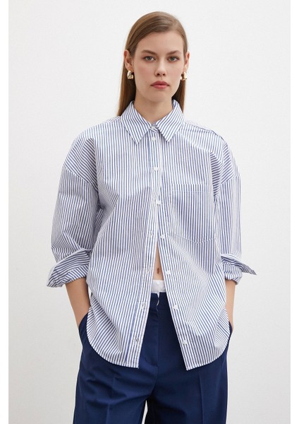 Ince Çizgili Poplin Gömlek Mavi