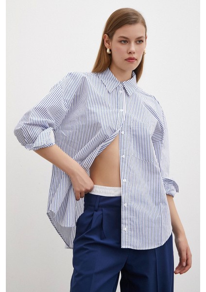 Ince Çizgili Poplin Gömlek Mavi fırsatları