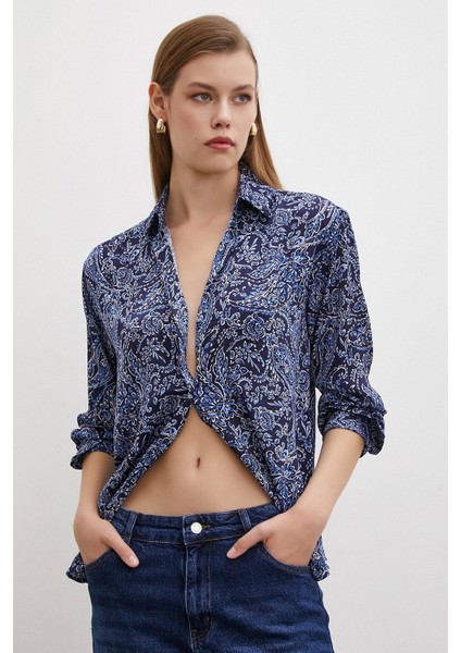 Şal Desenli Saten Gömlek Lacivert