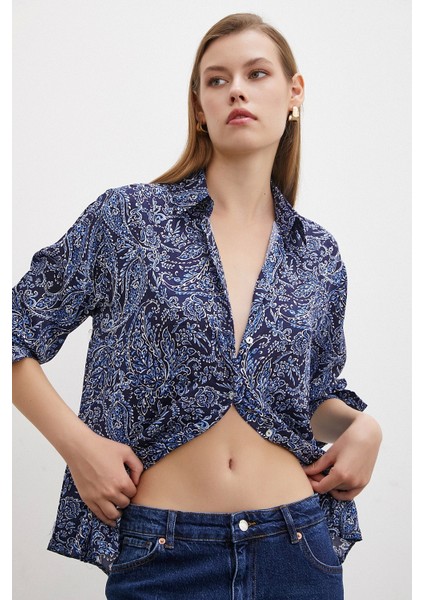 Şal Desenli Saten Gömlek Lacivert indirimleri