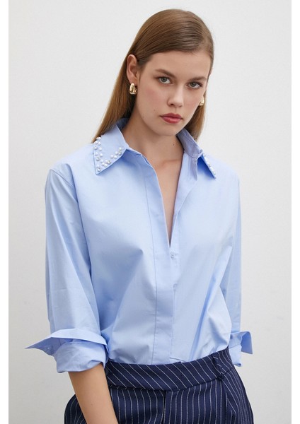 Yaka Incili Poplin Gömlek Mavi