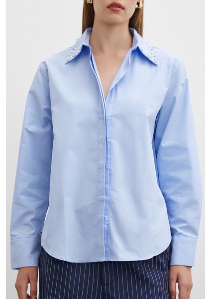 Yaka Incili Poplin Gömlek Mavi fiyatları