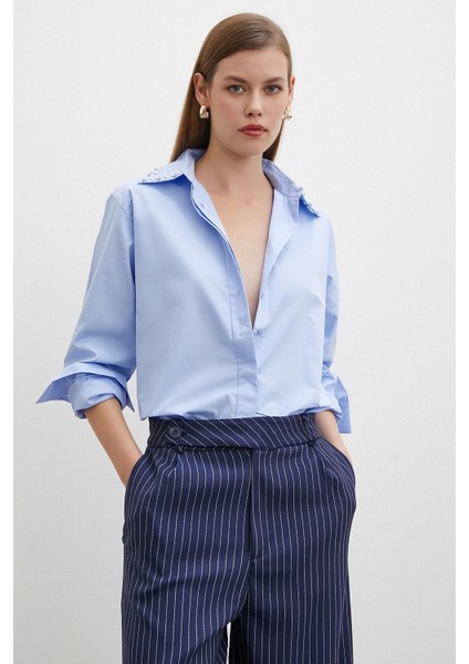 Yaka Incili Poplin Gömlek Mavi fırsatları