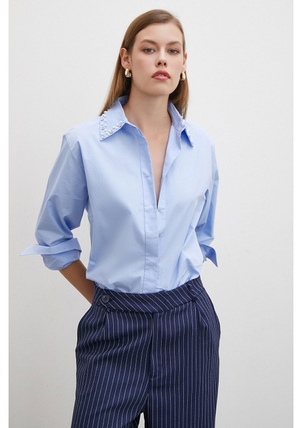 Yaka Incili Poplin Gömlek Mavi indirimleri