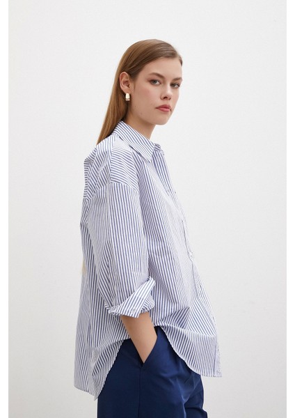 Ince Çizgili Poplin Gömlek Mavi indirimleri