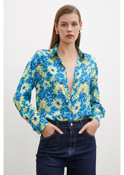 Lotus Desenli Gömlek Mavi