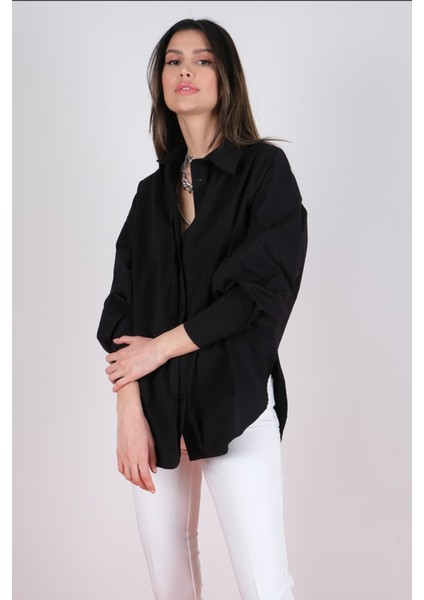 Kadın Önü Patlı Pamuklu Oversize Gömlek