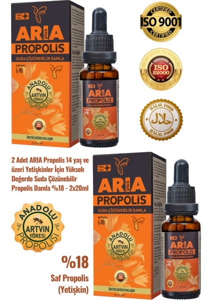 2 Adet Yetişkinler İçin Suda Çözünebilir Yüksek Değerde Propolis Damla %18 - 2x20ml